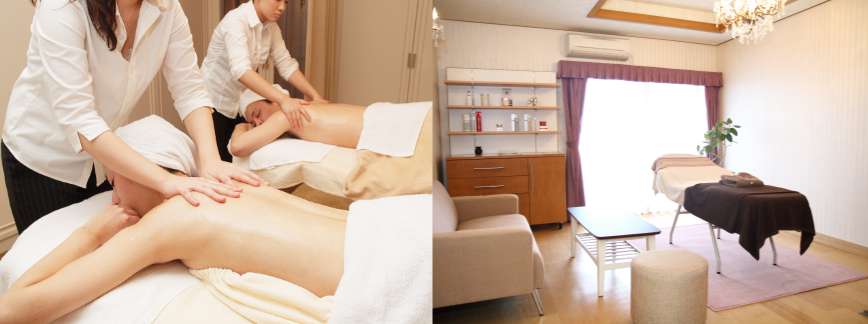 カップルエステを受ける男女とエステルーム